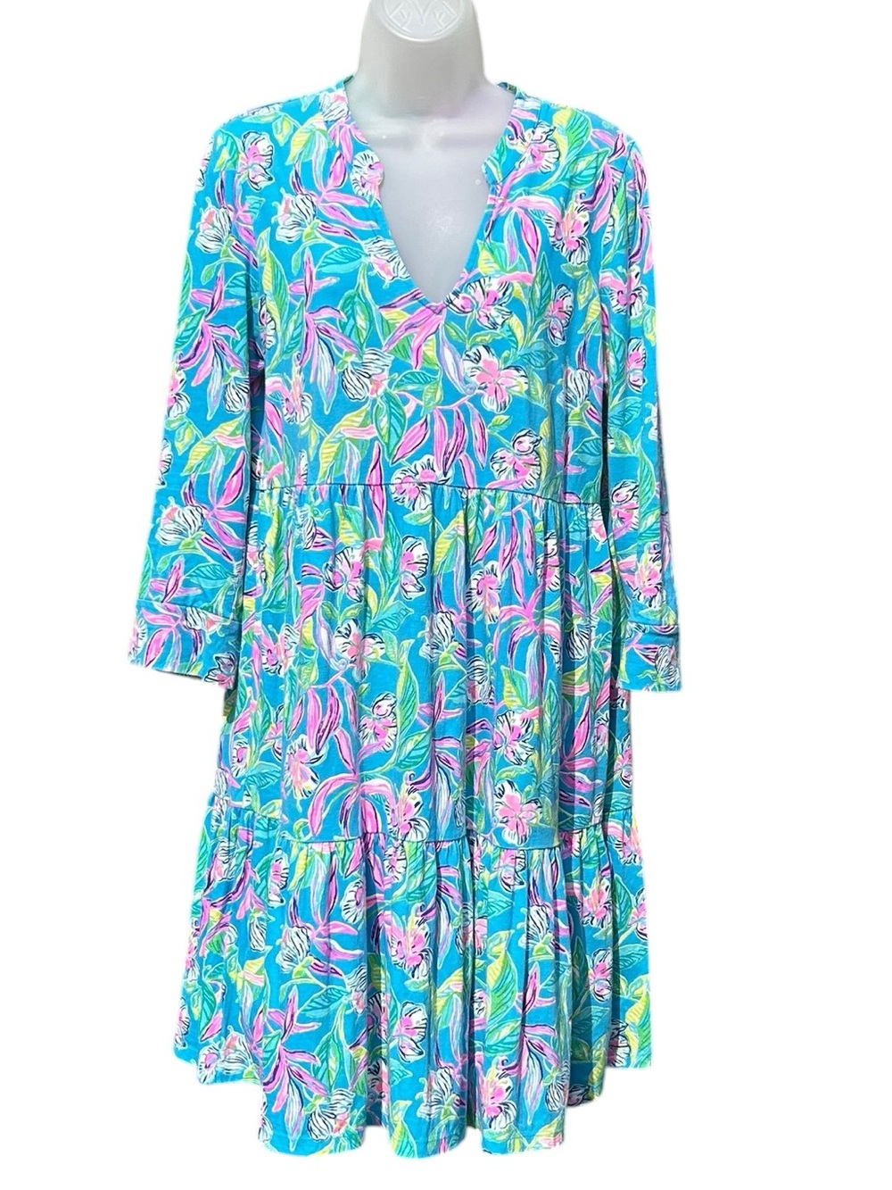 LILLY PULITZER Women M Alaina Formentera Turquoise Keep On Beleafing Tier Dress